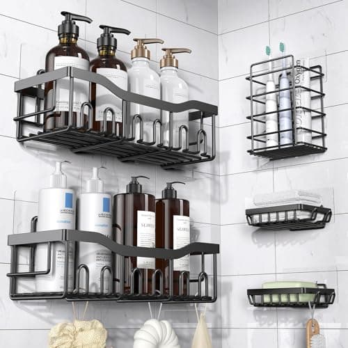 EUDELE Adhesive Shower Caddy, 5 Pack Rustproof Stainless Steel Bath Organizers With Large Capacity, No Drilling Shelves for Bathroom Storage & Home Decor image