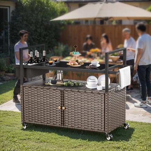 Outdoor Kitchen Brown Wicker Island Rolling Cart image