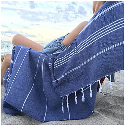 Aysesa-Sandproof Turkish Cotton Beach Towel Oversized w/Hidden-Pocket 75" Sand Free Blanket Extra Large Packable Travel Bath Towel Gift Men Women Made-in-Turkey image
