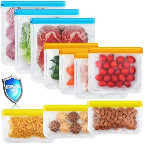 NIKUY 10 Pack Dishwasher Safe Reusable Silicone Bags - Leakproof Freezer and Food Storage Bags for Lunch, Marinate, Food Travel - BPA Free - 3 Gallon, 3 Snack, 4 Sandwich Bags image