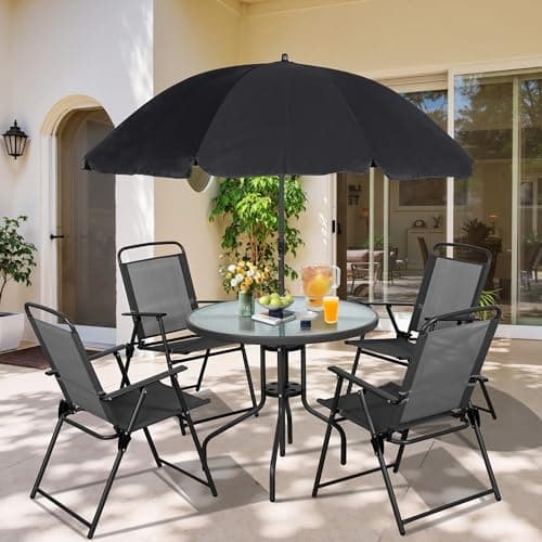 Vongrasig 6 Piece Folding Patio Dining Set, Small Metal Outdoor Garden Patio Table and Chair Set w/Umbrella for Lawn, Deck, Backyard, Black image