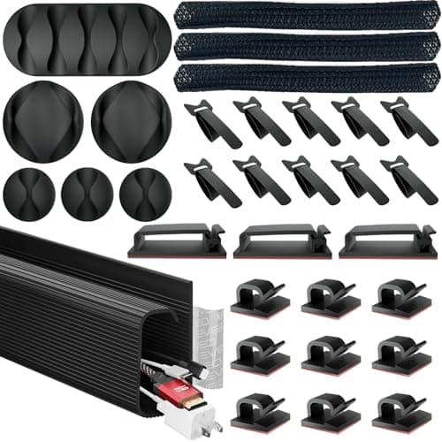 EVEO Desk Cable Management Kit - Cord Organizer Cable Management Under Desk | Cable Raceway, Cable Sleeve, Adhesive Cable Clips, Cord Clips, Cable Organizer, Cord Holder, Under Desk Cable Management image