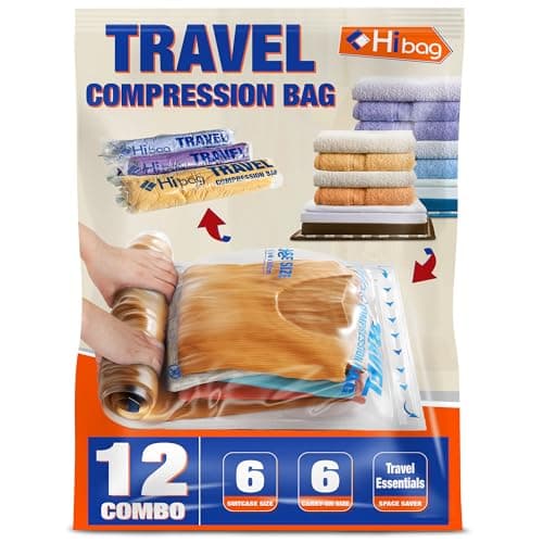 HIBAG 12 Compression Bags for Travel, Travel Essentials Compression Bags, Vacuum Packing Space Saver Zipper Bags for Cruise Travel Accessories (12-Travel) image