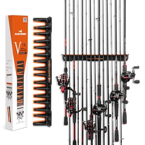 KastKing Patented V15 Vertical Fishing Rod Holder – Wall Mounted Fishing Rod Rack, Store 15 Rods or Fishing Rod Combos in 17.25 Inches, Great Fishing Pole Holder and Rack image