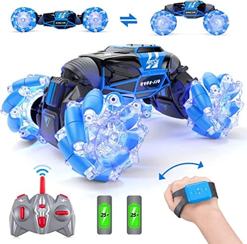 Powerextra Gesture Rc Car, 4WD 2.4GHz Remote Control Gesture Sensing Car, Double Sided 360° Rotating Off Road Rc Stunt Car with Lights & Music, Toy Car for 6-12 Year Old Boys & Girls (Blue) image