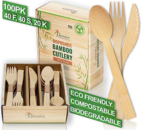 100% Bamboo Heavy Duty Disposable Cutlery [100PK:40 Fork 40 Spoon 20 Knife] Eco Friendly Natural Compostable Biodegradable Utensils | Premium Sustainable Organic alternate to Plastic & Wooden Flatware image