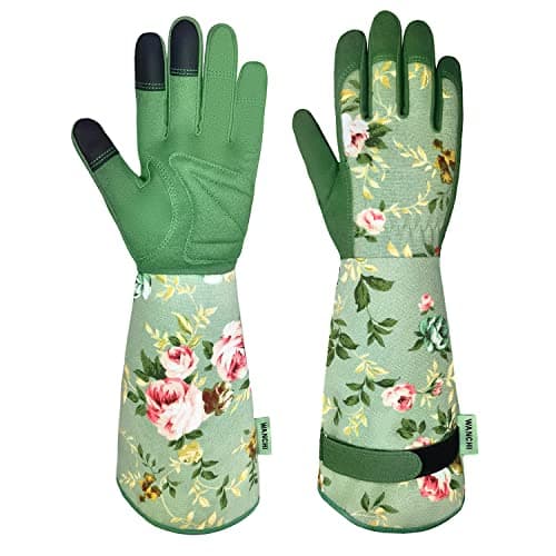WANCHI Gardening Gloves, Durable and Comfortable Women's Long Garden Gloves for Gardening Work and Yard Work, Leather Gardening Gloves for Women, Green Print (Medium) image
