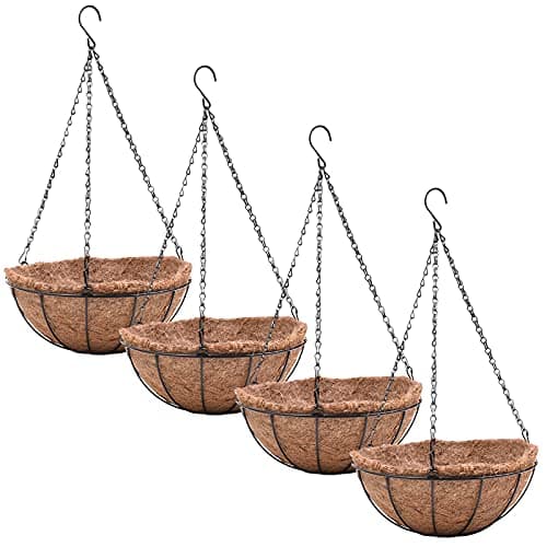 EIMQUVW 4 Pack Hanging Planter Basket with Coco Coin Liner 8 inch Hanging Flower Pots Outdoor Decorative Round Wire Plant Holder with Chain Metal Hanging Baskets for Plants Outdoor image