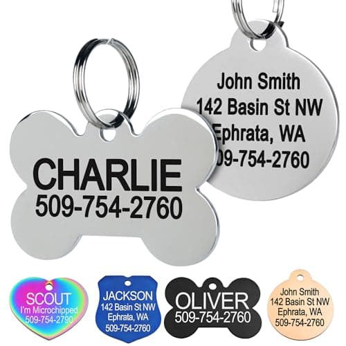 GoTags Stainless Steel Pet ID Tags, Personalized Dog Tags and Cat Tags, up to 8 Lines of Custom Text, Engraved on Both Sides, in Bone, Round, Heart, Bowtie and More image