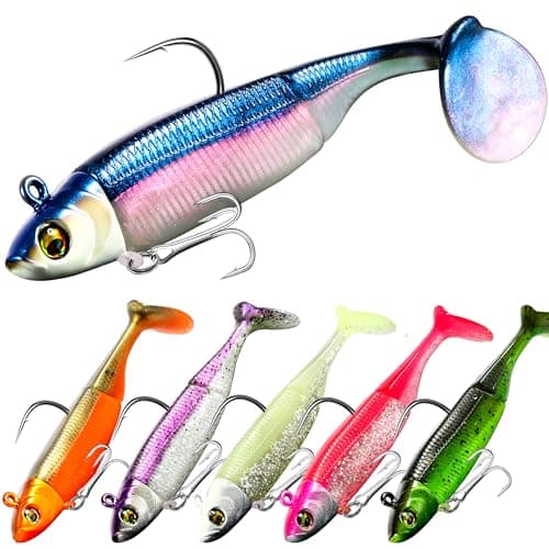 PLUSINNO Fishing Lures, Pre-Rigged Jig Head Bass Lures with Paddle Tail, Fishing Bait for Freshwater Saltwater, Soft Plastic Fishing Lures Baits for Trout Crappie Fishing Gear, Fishing Gifts for Men image