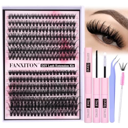 FANXITON DIY Lash Extension Kit Volume Lash Clusters 40D+50D D Curl Individual Lashes Lash Clusters Kit Thick Eyelash Extension Kit 280 pcs Thin Band Cluster Lashes Lash Bond and Seal Lash Tweezers image