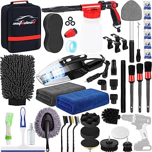 AUTODECO 40Pcs Car Wash Detailing Kit Cleaning Kits with Foam Gun Sprayer Vacuum with Long Cord Drill Brush Large Wash Mitt Towels Complete Interior Exterior Car Washing Supply Set Black image