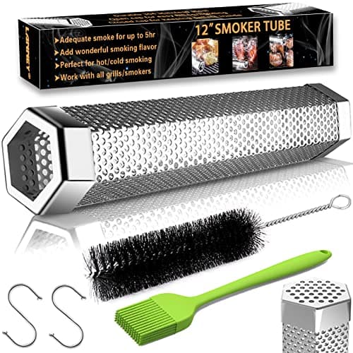 Smoke Tube for Pellet Smoker, 12'' Smoker Tube for Pellet Grill - Hot or Cold Smoker Accessories for Electric Gas Charcoal Grilling, Premium Stainless Steel Portable Barbecue Smoking Tube, Bonus Brush image