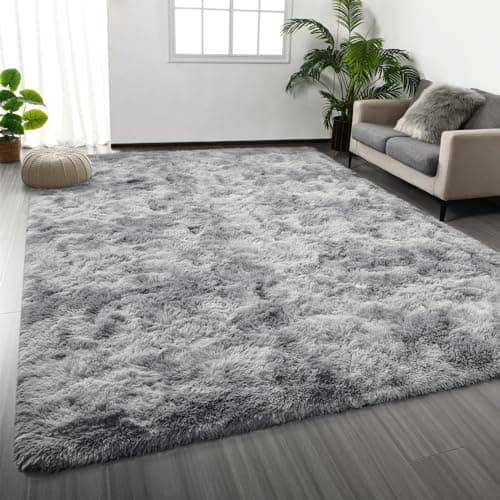 Deerhoo Large Shag Area Rugs 5 x 8, Tie-Dyed Plush Fuzzy Rugs for Living Room, Ultra Soft Fluffy Furry Rug for Bedroom, Indoor Carpet Nursery Rugs for Kids Room Home Decor, Light Grey image
