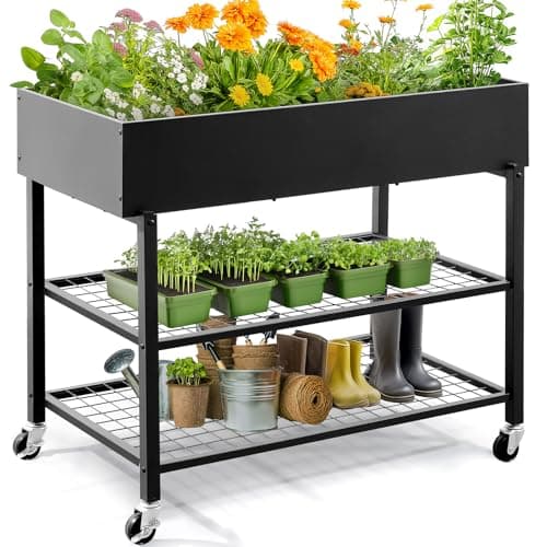 KING BIRD Raised Garden Bed with Legs & Double-Layer Storage Shelf, Galvanized Elevated Planter Box with Lockable Wheels for Backyard, Patio, Balcony, 400lb Capacity, Black, 48x24x38 in image
