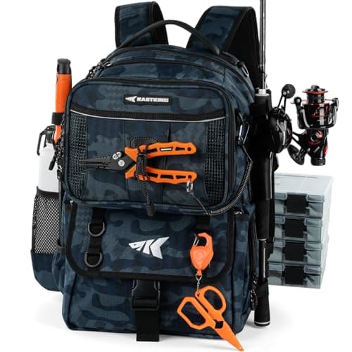 KastKing BaitSpace 50L Fishing Tackle Backpack, Water-Resistant Fishing Bag With Removable Bait Binder & 4 Tackle Boxes, Rod Holders, Durable Ripstop Nylon For Fishing Gear and Equipment, Blue Camo image