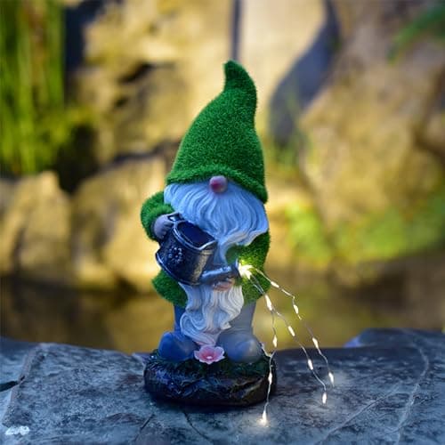 AVEKI Solar Garden Statue, Green Resin Garden Dwarf with Watering Can Solar Powered LED Outdoor Decor Light, Solar Garden Lights Outdoor Waterproof for Lawn Patio Yard (Kettle) image