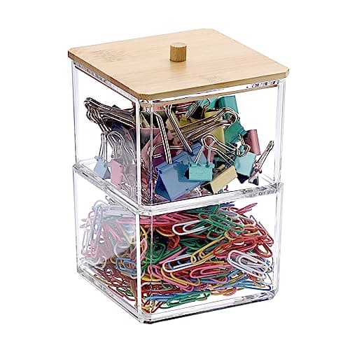 BTSKY Clear Stackable Paper Clip Holder with Bamboo Lid 2-Layer Paperclip Box Thick Acrylic Office Supply Accessory Organizer Square Small Storage Holder Cute Qtip Holder for Office Bathroom Vanity image