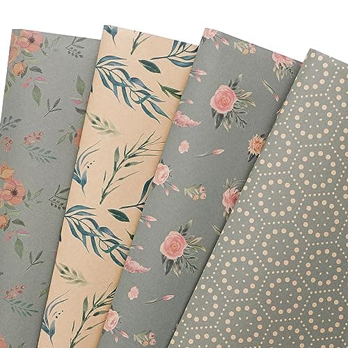 PlandRichW Wrapping Paper of Stylishly Designed Folded Kraft Wrapping Paper 12 Sheets Recycled Gift Wrapping Paper for Birthday, Wedding, Mother's Day, Party, and Baby Shower Precut 20" X 29" image