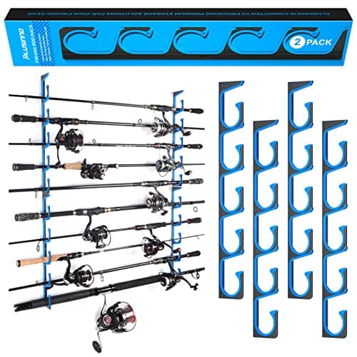PLUSINNO H5 Horizontal Fishing Rod/Pole Holders for Garage, Wall or Ceiling Mounted Fishing Rod Rack, Aviation Aluminum Fishing Pole Holder Holds up to 10 Rod or Combos or Nets Storage Racks image