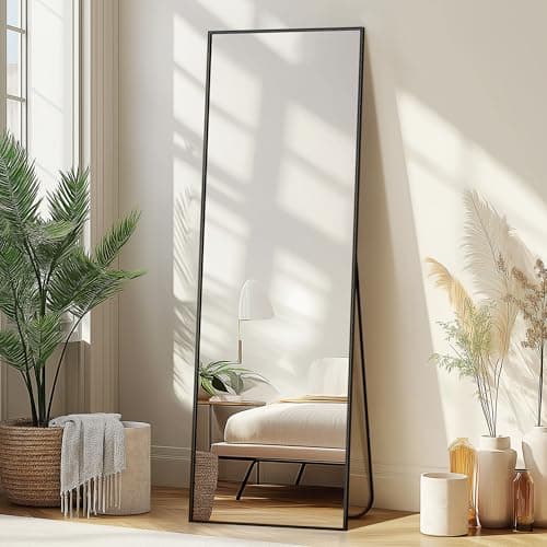 Delma Wall Mirror Full Length Mirror, Standing Mirror Full Body, Large Floor Mirror for Wall Door Bedroom Bathroom Living Room with Aluminium Frame (with Stand, 56x15-Black) image
