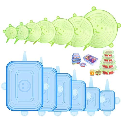 ONEGOL Silicone Stretch Lids, 12 Pack Silicone Lids, 6 Sizes BPA-free Silicone Bowl Covers Reusable for Cups, Bowls and Dish, Flexible, Round and Rectangle Fit 2.8” - 8.2” Container, Green & Blue image