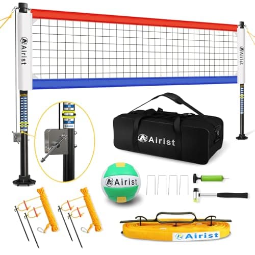 Airist Heavy Duty Volleyball Net Outdoor with Steel Anti-Sag System, Adjustable Aluminum Poles, Professional Volleyball Nets Set for Backyard and Beach, Volleyball and Carrying Bag (Blue and Red) image