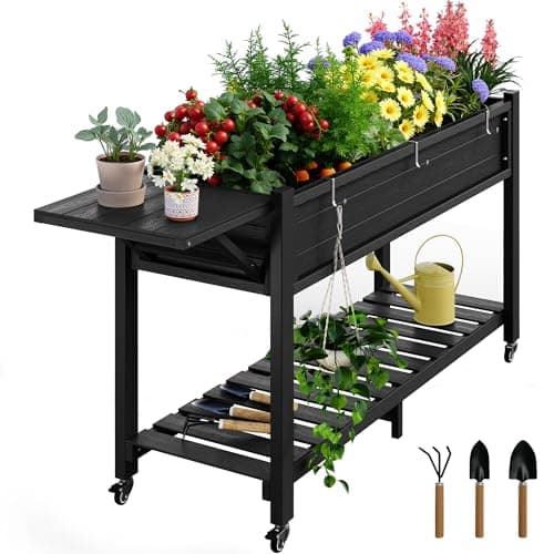 YEFU Raised Garden Bed with Legs: 57x18x30in Elevated Poly Planter with Wheels, Waterproof Mobile Raised Bed Garden, Elevated Planter Box Stand with Storage Shelf, for Deck, Patio, Porch, Yard (Black) image