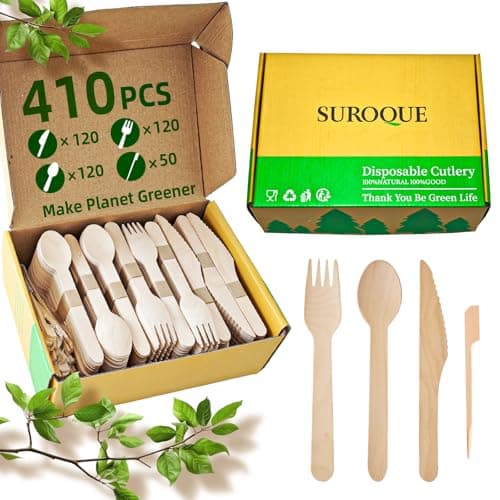 SUROQUE Compostable Wooden Cutlery Set - 410 PCS(120 Forks, 120 Spoons, 120 Knives, 50 Bamboo Sticks) Eco-Friendly & Biodegradable Disposable Utensils Set Natural & Sustainable for Parties image