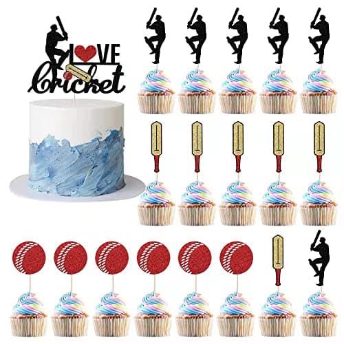 Kaoenla Kaoenla I Love Cricket Cake Decoration-19 Pieces Cricket Sports Glitter Cupcake Featured Boy Birthday Party Supplies Sports Theme Party Featured Decoration image