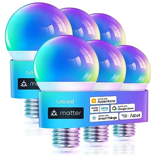 Linkind Matter Smart Light Bulb, WiFi Smart Bulbs, Work with Apple Home, Siri, Alexa, Google Home, SmartThings, RGTBW Color Changing Light Bulbs Mood Light, Music Sync, A19 E26 60W, 2.4Ghz WiFi 6 Pack image