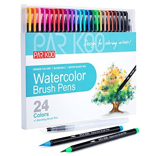 ParKoo Watercolor Brush Pens, 24 Colors Flexible Real Nylon Brush Tip Pens for Watercolor Painting, 1 Blending Brush image