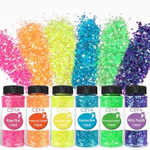 Ceya Bulk Chunky Glitter 6 Assorted Colors, 4.23OZ Each Jar Iridescent Crafts Glitter Set, 1/24” Medium Size Nail Sequins for School Classroom Art,DIY Craft Slime,Blue,Pink,Orange, Green,Yellow,Purple image