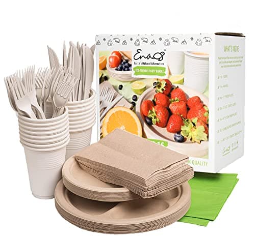 Eco-friendly Camping Supplies [16 Dinnerware Set] for Picnic Basket & Party Supplies. Compostable Paper Plates, Napkins, Biodegradable Utensils, Cups, Green Tablecloths, by Earth's Natural Alternative image
