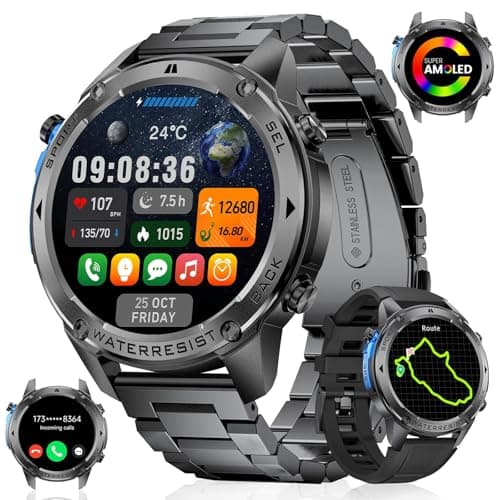 BRUBOSES GPS Smart Watch for Men Military Rugged Smartwatches, Compass, 50M Waterproof, 500mAh Large Battery, Answer/Make Call, 1.43" AMOLED Screen, Compatible for Android iOS (2 Bands) Black image