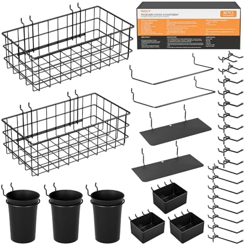 INCLY 30PCS Peg Board Organizer Accessories Kit, Pegboard Hooks Assortment with Bins, Cups, Wire Baskets and Paper Towel Holder for 1/8“ and 1/4” Pegboard Garage Workbench Craft Room Organizing Tools image