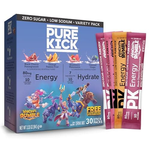 Pure Kick x Warcraft Rumble Limited Edition Energy & Hydration Singles To Go Drink Mix - Variety Pack - Black Cherry Pomegranate, Orange Passion Fruit, Strawberry Watermelon, Concord Grape – 30 Total Packets image