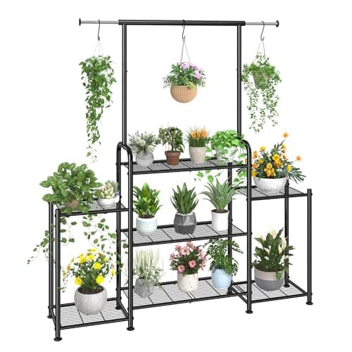 Simple Trending Plant Stand Indoor Outdoor, Metal 3 Tier Tall Hanging Plant Shelf for Multiple Flower Planter Large Heavy Duty Ladder Plant Holder for Garden, Black image