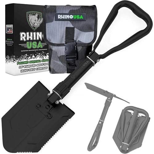 RHINO USA Folding Survival Shovel w/Pick - Heavy Duty Carbon Steel Military Style Entrenching Tool for Off Road, Camping, Gardening, Beach, Digging Dirt, Sand, Mud & Snow. image