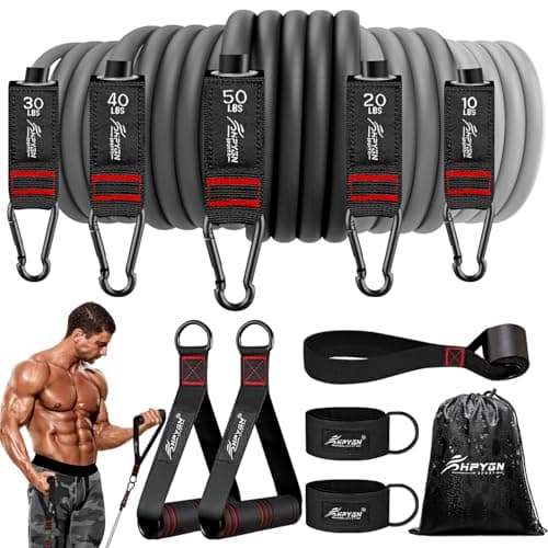 Resistance Band, Exercise Bands with Handles, Workout Bands, Fitness Bands with Door Anchor and Ankle Straps, for Heavy Resistance Training, Physical Therapy, Shape Body, Yoga, Home Workouts Set image