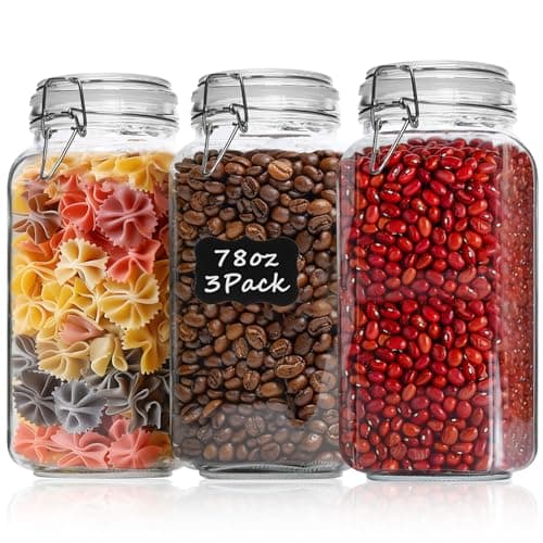 ComSaf Airtight Glass Canister Set of 3 with Lids 78oz Food Storage Jar Square - Storage Container with Clear Preserving Seal Wire Clip Fastening for Kitchen Canning Flour, Cereal, Pasta, Sugar, Beans image
