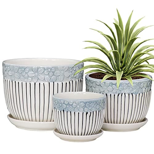 Ton Sin Grey Flower Pots, Texture Planter for Indoor Plants Set of 3 Ceramic Flower Pots with Saucer, Cute Garden Pots Succulent Pots（3 Pack, Grey) image