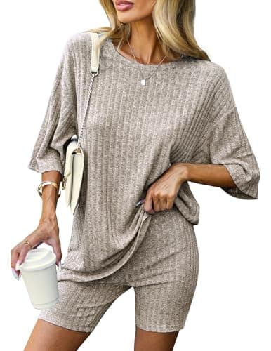 Ekouaer Pajamas 2 Piece Lounge Sets Ribbed Knit Matching Outfits T-shirt Biker Shorts Sleepwear Loungewear Sweatsuits Camel Large image