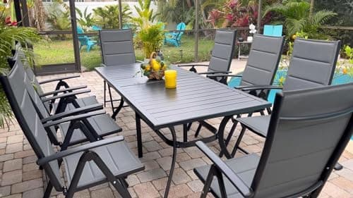 PURPLE LEAF 9 Pieces Outdoor Patio Dining Set with 8 Folding Portable Chairs and 1 Rectangle Aluminum Table, Foldable Adjustable High Back Reclining Chairs with Soft Cotton-Padded Seat, Grey image