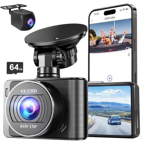 Dash Camera, 4K/1080p Dash Camera Front and Rear, Built-in WiFi, Dash Cam with 64GB SD Card, Full HD 2.0” IPS Screen, for App Control, G-Sensor, Loop Recording, and Parking Mode image