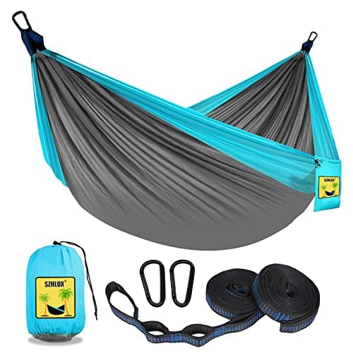 SZHLUX Camping Hammock Double & Single Portable Hammocks with 2 Tree Straps and Attached Carry Bag, Great for Outdoor, Indoor, Beach, Camping, Light Grey / Sky Blue image