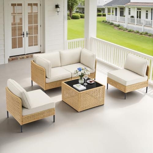 5-Piece Modular Patio Furniture Set, Outdoor Corner Sofa with Thick Cushion Deep Seating and Glass Coffee Table, Modern Patio Conversation Set for Garden, Backyard and Porch (2 Corner+2 Middle) image