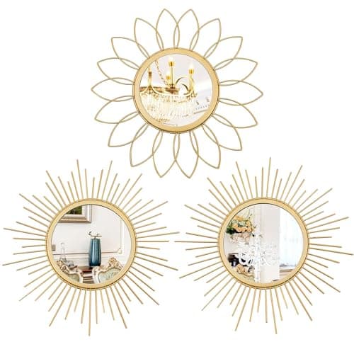 3 Pack Metal Mirrors for Wall Sunburst Wall Mirrors Home Décor Decorative Hanging Wall Art for Living Room Bedroom Entryway (Gold, Flower+Sunburst) image