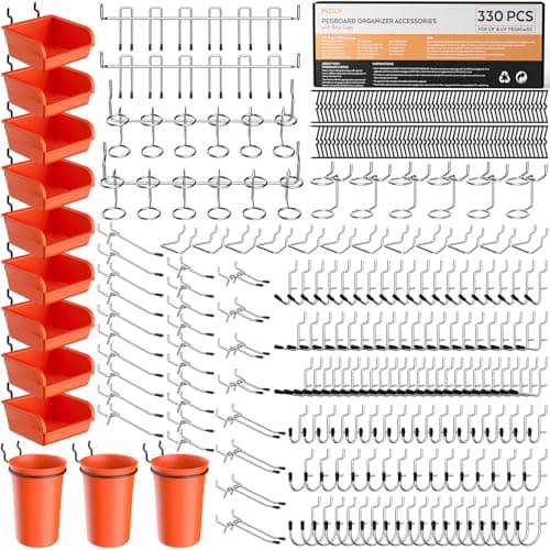 INCLY 330PCS Upgraded Pegboard Accessories Organizer Kit, Peg Board Hooks Assortment with Bins & Cups for Organizing Tools, Fit 1/8 or 1/4 inch Pegboard for Garage Workshop Wall Hanging Tools image