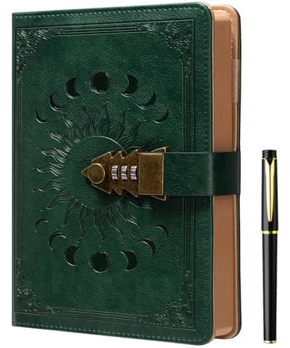 ZXHQ Lock Journal with Pen, A5 240 Pages Diary with Lock, Brown Edge, Refillable, Leather Hardcover (8.5 × 5.9inch) Dark Green image
